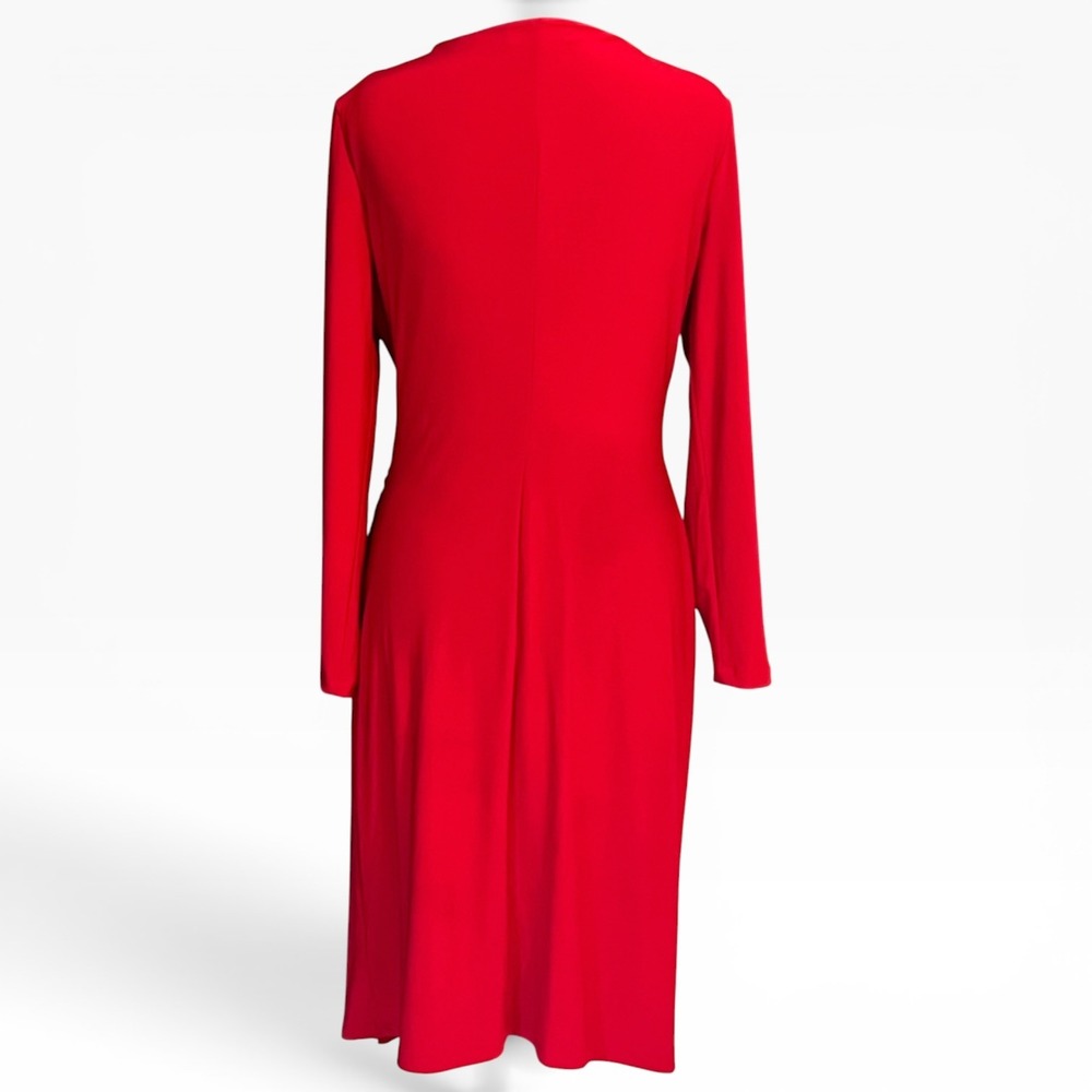 Lauren Ralph Lauren Red Ruched Ruffle Sheath Dress Long Sleeve Size 10 Stretch - Picture 3 of 11